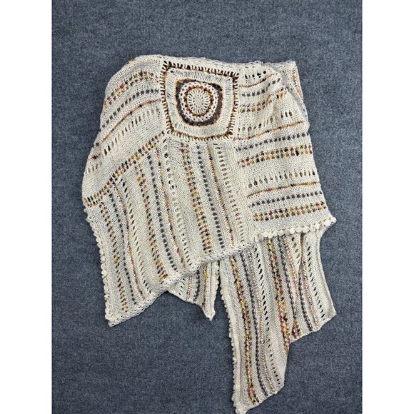 Moth Poncho Wrap Womens One Size Ivory Multicolor Knit Crochet Boho Ruana Cape - Picture 7 of 8